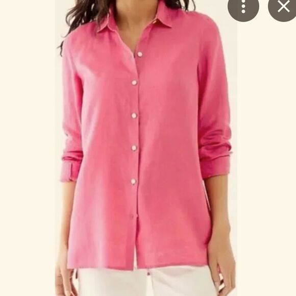 J Jill Linen Pink Essential Button Down Oversized Tunic Split Hem Top M - Picture 1 of 10